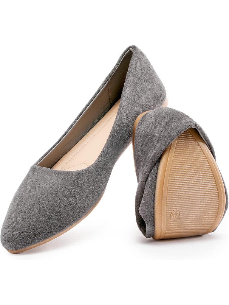 Women’s Grey Comfortable Suede Pointed Toe Slip On Casual Ballet Flats